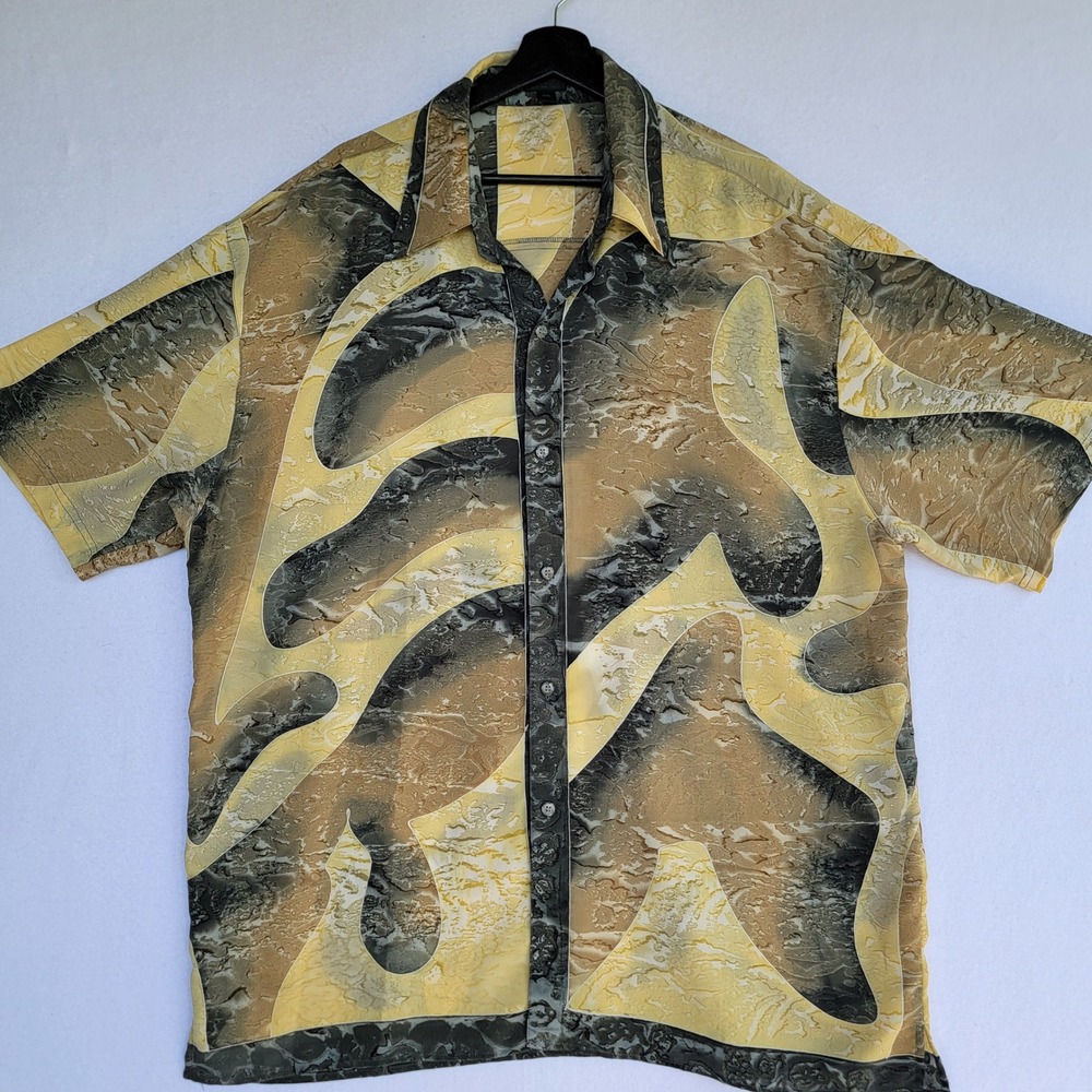 Prestige Linea Noeva Mens 2XL Yellow Abstract Graphic Rayon Button Down Shirt